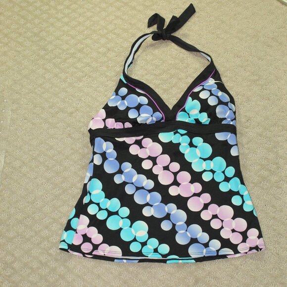 Nike Tankini Halter Swim Top Size 8 Aqua Blue Pink Black Bubble Polka Dot Padded - Picture 1 of 5